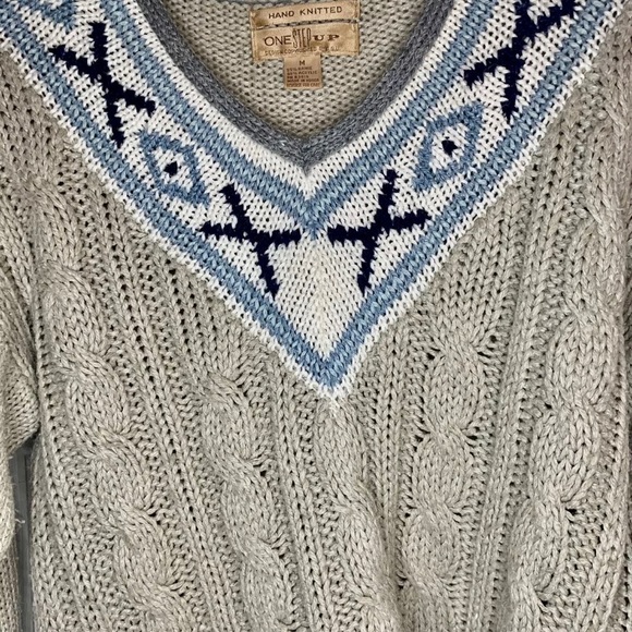 Hand Knitted Sweater One Step Up Vintage V-Neck Grey & Blue Women’s Medium - Picture 2 of 4
